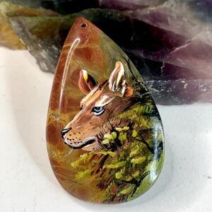 Hand Painted Stone Animal Pendant Red Creek Jasper Teardrop W Fox Wolf Dog 2.4"